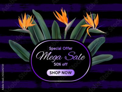 Papier peint  Méga vente jardin plantes tropicales vecteur tag. Bannière remise, graphisme avec strelitzia reginae, feuilles et fleurs exotiques de la jungle. Carte à vendre fleur de grue de jardin ou oiseau de par