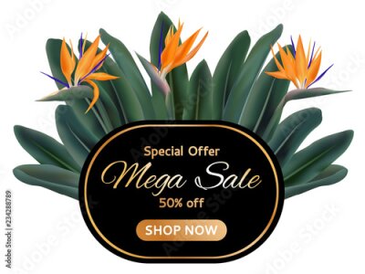 Papier peint  Méga vente jardin plantes tropicales vecteur tag. Bannière remise, graphisme avec strelitzia reginae, feuilles et fleurs exotiques de la jungle. Carte à vendre fleur de grue de jardin ou oiseau de par