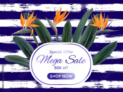 Papier peint  Méga vente jardin plantes tropicales vecteur tag. Bannière remise, graphisme avec strelitzia reginae, feuilles et fleurs exotiques de la jungle. Carte à vendre fleur de grue de jardin ou oiseau de par