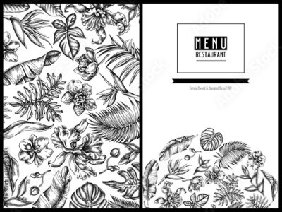 Papier peint  Menu cover floral design with black and white monstera, banana palm leaves, strelitzia, heliconia, tropical palm leaves, orchid