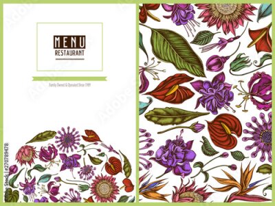Papier peint  Menu cover floral design with colored african daisies, fuchsia, gloriosa, king protea, anthurium, strelitzia