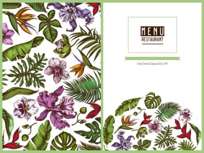 Papier peint  Menu cover floral design with colored monstera, banana palm leaves, strelitzia, heliconia, tropical palm leaves, orchid