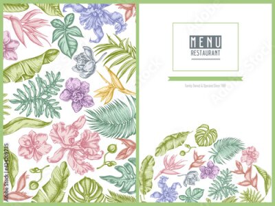 Papier peint  Menu cover floral design with pastel monstera, banana palm leaves, strelitzia, heliconia, tropical palm leaves, orchid
