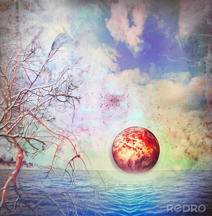 Papier peint  Mer avec orange coucher de soleil