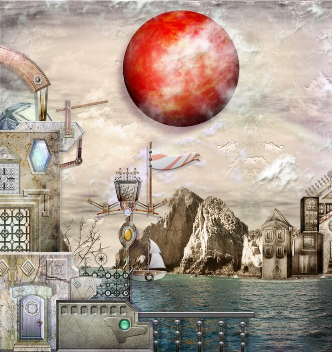 Papier peint  Mer et rouge soleil.