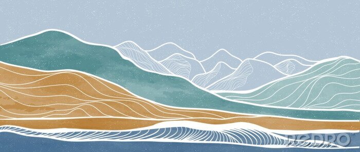 Papier peint  Mid century modern mountain art print. Abstract contemporary aesthetic backgrounds landscapes. illustration of mountain, sea, sky and sun