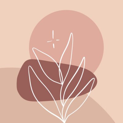 Minimalist abstraction with leaf and geometric shapes. Contemporary scandinavian style. Flat design collage terracotta color composition. Good for posters, postcards, social media banners