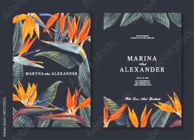 Papier peint  Minimalist templates for postcards, flyers, advertising banners, social media posts, place for your text. Templates for your design with bright tropical flowers of Strelitzia on a dark background. 