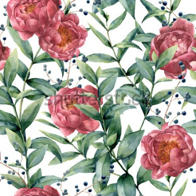 Papier peint  Modèle d'aquarelle avec eucalyptus, pivoine et baies. Peint à la main des branches florales avec des feuilles, des fleurs isolées sur fond blanc. Illustration botanique de la nature pour la concep