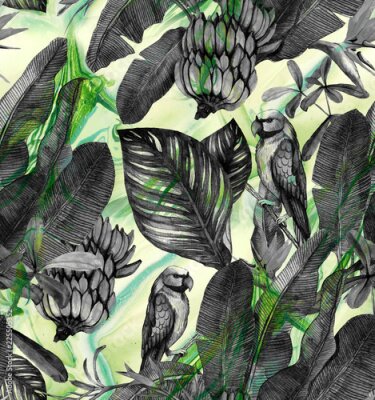 Papier peint  Modèle d'aquarelle sans couture avec hibiscus, feuilles de palmier, branche de strelitzia, calathea. Fond tropique