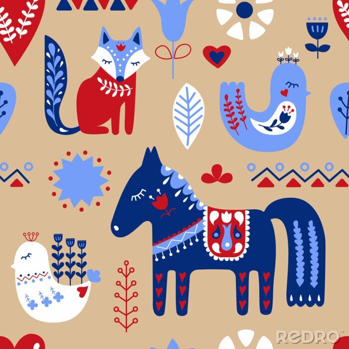 Papier peint  Modèle d'art folklorique sans couture scandinave. Style nordique. Animaux scandinaves. Illustration vectorielle