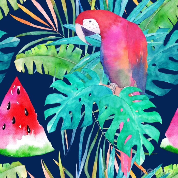 Papier peint  Modèle d'été avec perroquet d'aquarelle, feuilles de palmier et pastèque. Illustration colorée