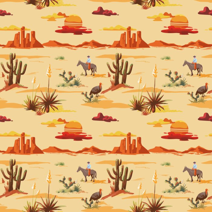 Papier peint  Modèle d'illustration désert magnifique sans couture vintage. Paysage avec cactus, montagnes, cow-boy à cheval, coucher de soleil fond de style vecteur dessinés à la main