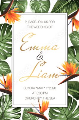 Papier peint  Modèle de carte RSVP invitation mariage événement. Cadre de bordure rectangulaire décoré de feuilles vertes fendues de monstera philodendron vert et de fleurs de vif oiseau de paradis strelitzia orang