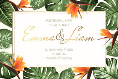 Papier peint  Modèle de carte RSVP invitation mariage événement. Cadre de bordure rectangulaire horizontal avec feuilles monstera philodendron vertes et fleurs de vif oiseau de paradis strelitzia orange. Style de l