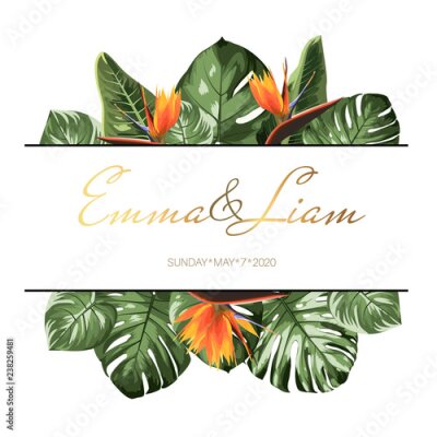 Papier peint  Modèle de couronne de bouquet de verdure, feuilles de monstera Philodendron et fleurs de strelitzia du paradis des oiseaux de forme ovale avec cadre blanc. Carte d'invitation de mariage.