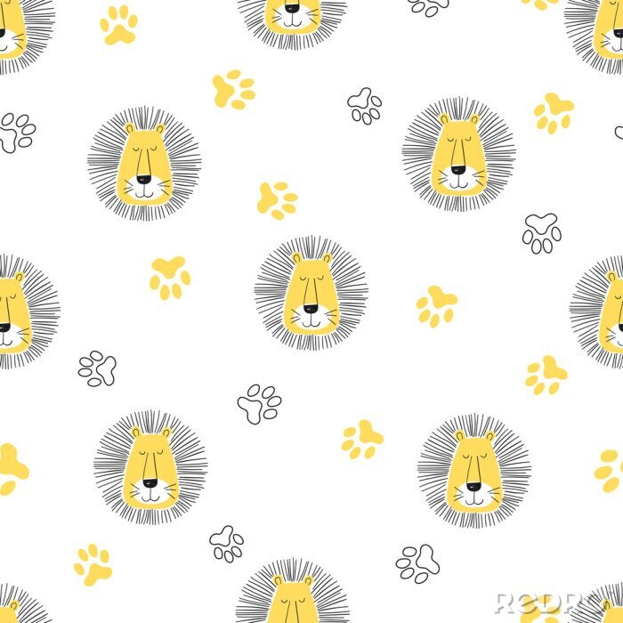 Papier peint  Modèle pour enfants avec des lions sur fond blanc