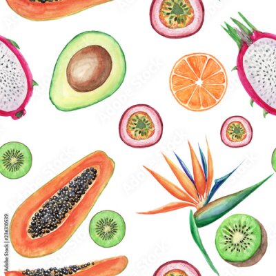 Papier peint  Modèle sans couture aquarelle de fruits tropicaux. Illustrations peintes à la main: avocat, papaye, orange, kiwi, maracuja et strelitzia sur fond blanc