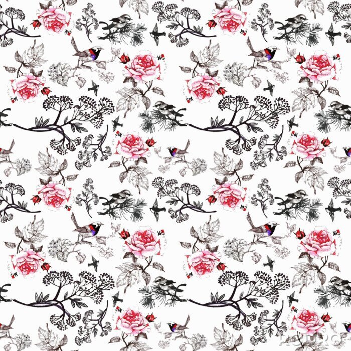 Papier peint  Modèle sans couture aquarelle dessinés à la main avec de belles fleurs et oiseaux colorés sur fond blanc.