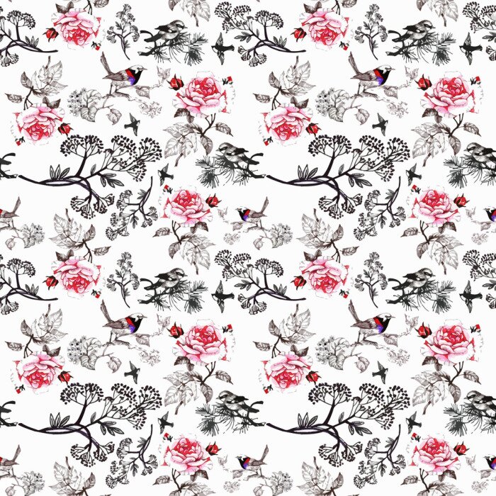 Papier peint  Modèle sans couture aquarelle dessinés à la main avec de belles fleurs et oiseaux colorés sur fond blanc.