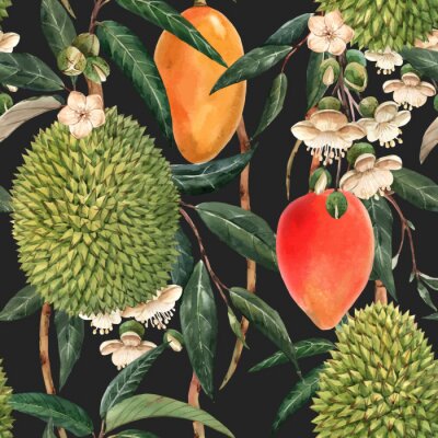 Modèle sans couture aquarelle durian vecteur tropical
