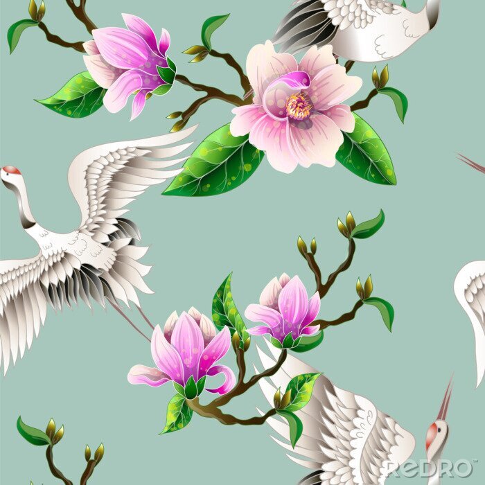 Papier peint  Modèle sans couture avec des fleurs de magnolia et des grues blanches japonaises. Vecteur.
