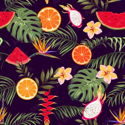 Papier peint  modèle sans couture avec des fleurs exotiques, des fruits et des feuilles de palmier