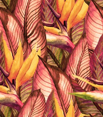 Papier peint  Modèle sans couture d'été tropical avec des feuilles de bananier et des fleurs de strelitzia. Aquarelle Illustration vintage avec une forêt tropicale