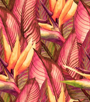 Papier peint  Modèle sans couture d'été tropical avec des feuilles de bananier et des fleurs de strelitzia. Aquarelle Illustration vintage avec une forêt tropicale