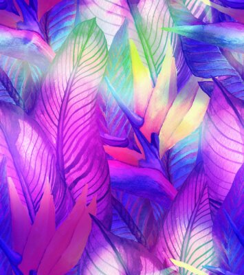 Papier peint  Modèle sans couture d'été tropical avec des feuilles de bananier et des fleurs de strelitzia. Illustration aquarelle avec une forêt tropicale