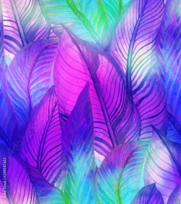 Papier peint  Modèle sans couture d'été tropical avec des feuilles de bananier et des fleurs de strelitzia. Illustration aquarelle avec une forêt tropicale