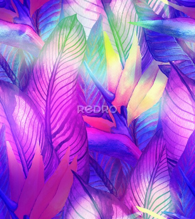 Papier peint  Modèle sans couture d'été tropical avec des feuilles de bananier et des fleurs de strelitzia. Illustration aquarelle avec une forêt tropicale