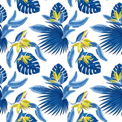 Papier peint  modèle sans couture de feuilles de palmier bleu tropical, de feuilles de monstera et de fleurs de corail de plumeria de l'oiseau de paradis (Strelitzia) sur un fond bleu clair. Design tendance de papi