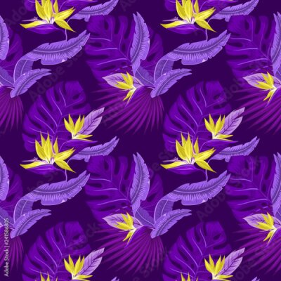 Papier peint  Modèle sans couture de feuilles de palmier bleu tropical, de feuilles de monstera et de fleurs de corail de plumeria de l'oiseau de paradis (Strelitzia) sur un fond bleu clair. Design tendance de papi
