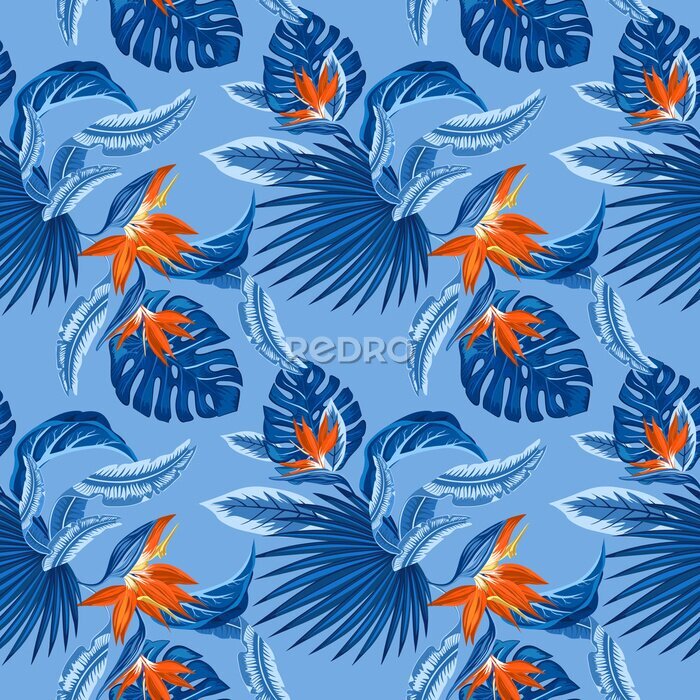 Papier peint  modèle sans couture de feuilles de palmier bleu tropical, de feuilles de monstera et de fleurs de corail de plumeria de l'oiseau de paradis (Strelitzia) sur un fond bleu clair. Design tendance de papi