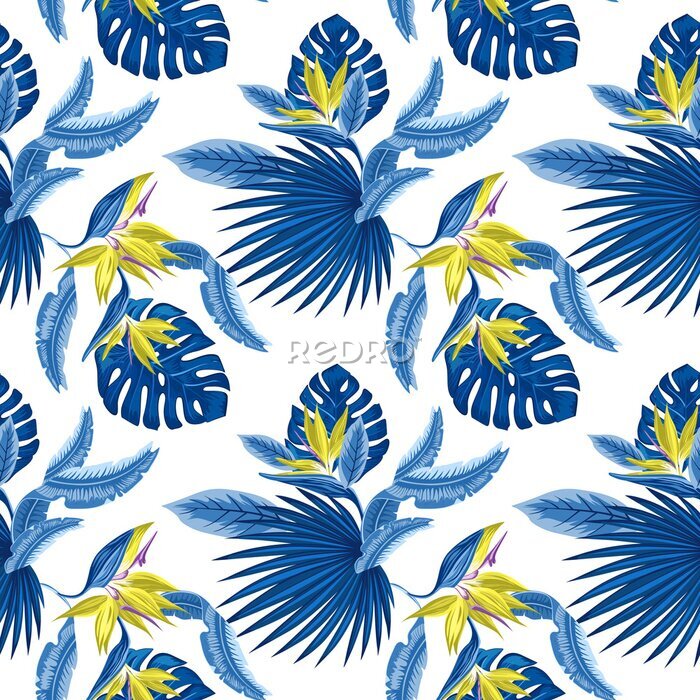 Papier peint  modèle sans couture de feuilles de palmier bleu tropical, de feuilles de monstera et de fleurs de corail de plumeria de l'oiseau de paradis (Strelitzia) sur un fond bleu clair. Design tendance de papi
