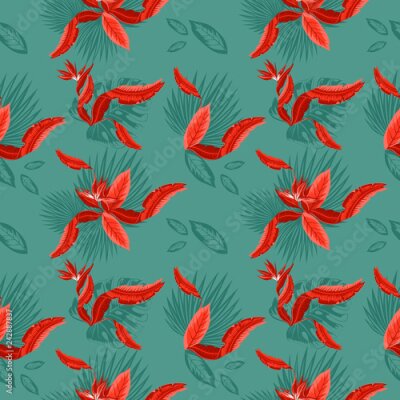 Papier peint  Modèle sans couture de feuilles de palmier bleu tropical, feuilles de monstera et fleurs de corail de l'oiseau de paradis (Strelitzia) plumeria Conception de la tendance de papier peint.