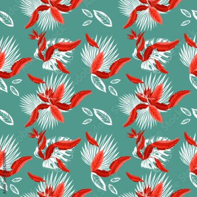 Papier peint  Modèle sans couture de feuilles de palmier tropical, feuilles de monstera et fleurs de corail de l'oiseau de paradis (Strelitzia) plumeria. Design tendance de papier peint.