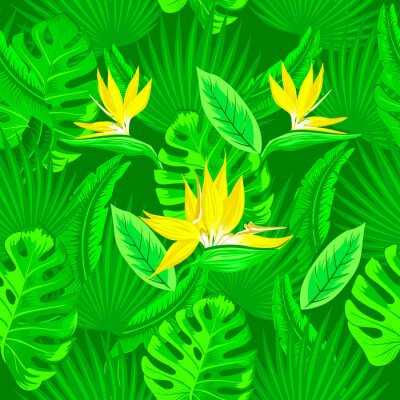 Papier peint  Modèle sans couture de feuilles de palmier vert néon tropical, feuilles de monstera et fleurs jaunes de l'oiseau de paradis (Strelitzia) plumeria sur fond vert. Conception de tendance de papier peint.