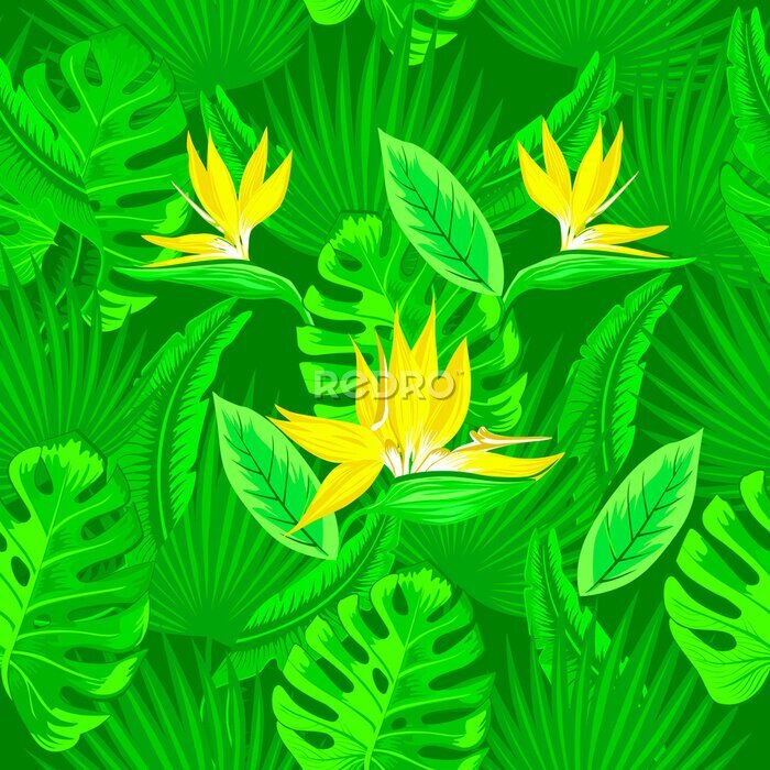 Papier peint  Modèle sans couture de feuilles de palmier vert néon tropical, feuilles de monstera et fleurs jaunes de l'oiseau de paradis (Strelitzia) plumeria sur fond vert. Conception de tendance de papier peint.