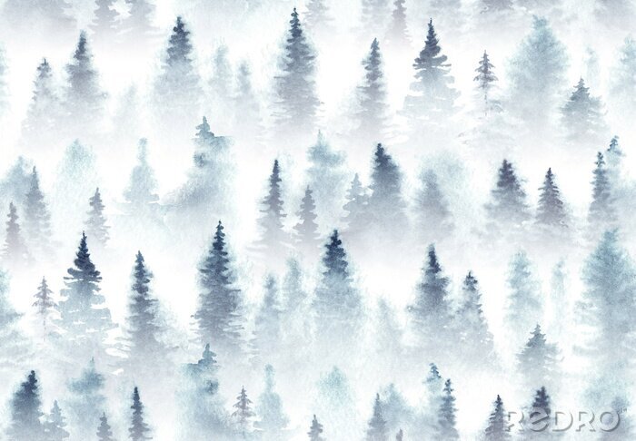 Papier peint  Modèle sans couture de forêt d'épinette aquarelle dans le brouillard.