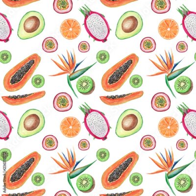 Papier peint  Modèle sans couture de fruits tropicaux. Aquarelle. Illustrations peintes à la main: avocat, papaye, orange, kiwi, fruit de la passion, fruit du dragon et strelitzia sur fond blanc