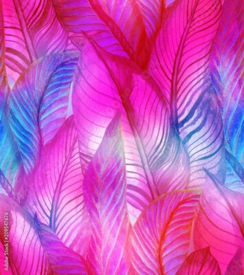 Papier peint  Modèle sans couture de l'été tropical avec des feuilles de bananier et des fleurs de strelitzia. Illustration aquarelle avec une forêt tropicale