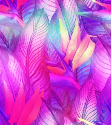 Papier peint  Modèle sans couture de l'été tropical avec des feuilles de bananier et des fleurs de strelitzia. Illustration aquarelle avec une forêt tropicale