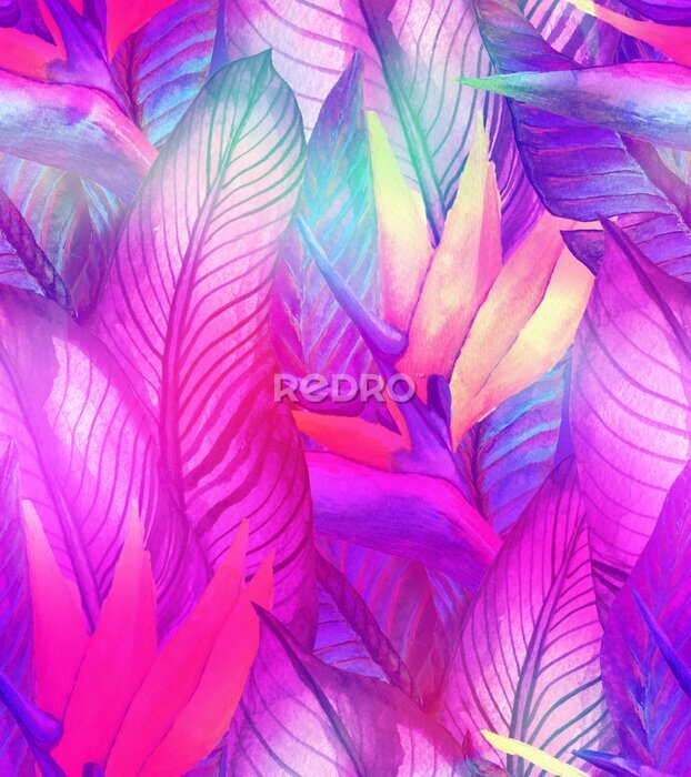 Papier peint  Modèle sans couture de l'été tropical avec des feuilles de bananier et des fleurs de strelitzia. Illustration aquarelle avec une forêt tropicale
