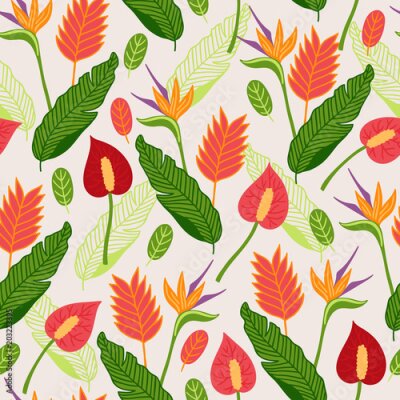 Papier peint  Modèle sans couture de la jungle avec strelitzia, feuilles tropicales, calla