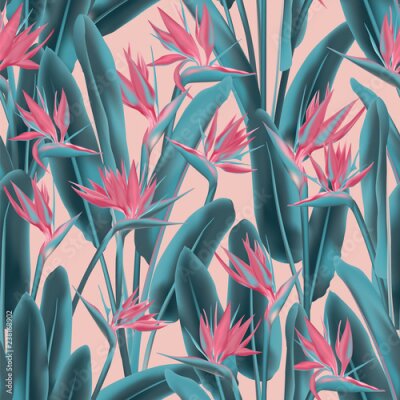 Papier peint  Modèle sans couture de Strelitzia reginae fleur tropicale.