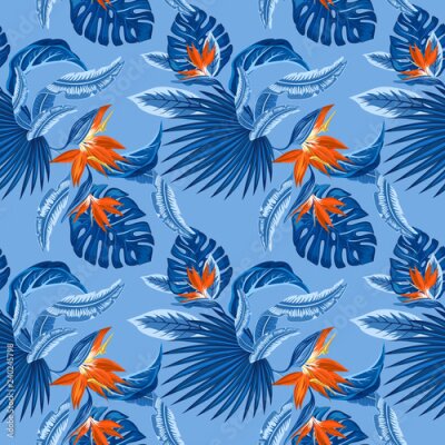 Papier peint  Modèle sans couture de vecteur de feuilles de palmier bleu tropical, feuilles de monstera et fleurs de corail de plumeria de l'oiseau du paradis (Strelitzia) sur un fond bleu clair. Design tendance de