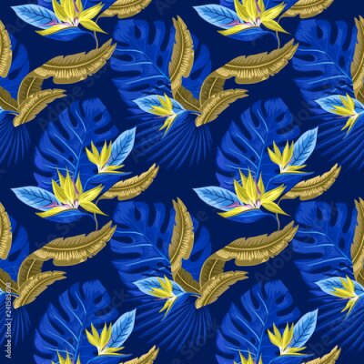 Papier peint  Modèle sans couture de vecteur de feuilles de palmier bleu tropical, feuilles de monstera et fleurs de corail de plumeria de l'oiseau du paradis (Strelitzia) sur un fond bleu clair. Design tendance de