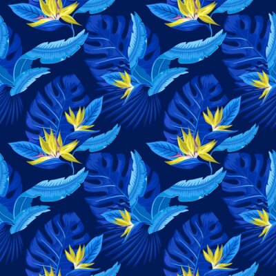 Papier peint  Modèle sans couture de vecteur de feuilles de palmier bleu tropical, feuilles de monstera et fleurs de corail de plumeria de l'oiseau du paradis (Strelitzia) sur un fond bleu clair. Design tendance de